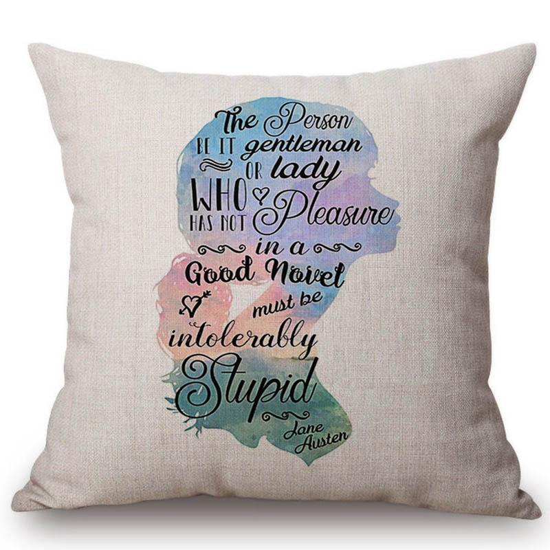 18" Square Floral Jane Austen Quotation Letter Print Sofa Throw Pillow Cover Case Cotton Linen Nordic Masterpiece Cushion Cover