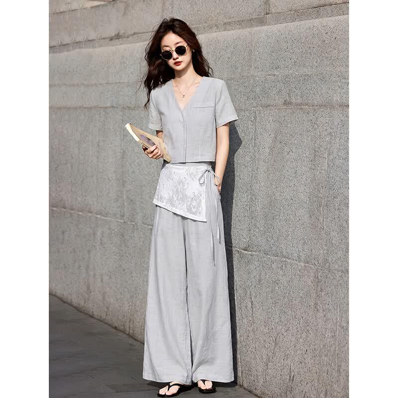 Women's Casual Two-Piece Jacket & Wide-Leg Pants Set