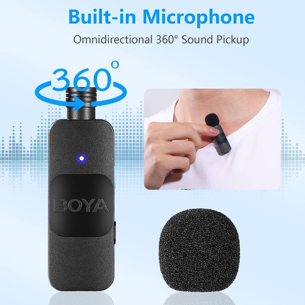 Boya BY-V20 2.4GHz Wireless Lapel Microphone, 360° Omnidirectional, Rechargeable, Lightweight (9.5g), Compact, Auto-Pairing, 50m Stable Reception, 9