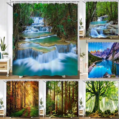 Tenda Doccia Cascata Foresta Verde Stampa 3D Tenda da Bagno Impermeabile con Ganci Tenda da Bagno 180*200 Tessuto in Poliestere