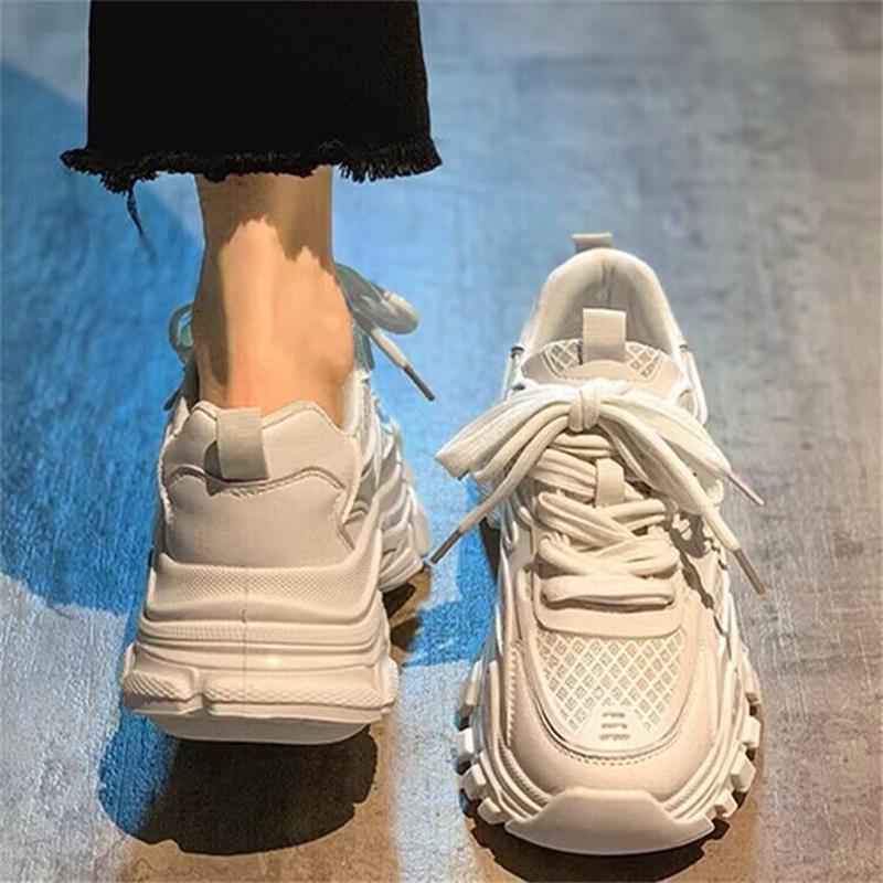 

Trendy Women Dad Sneakers Mesh Breathable Lace Up Platform Thick Sole Comfort Heightening Student Shoes 40 білий
