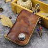 Oberste Schicht pflanzlich gegerbtes Leder Schlüsseltasche für Damen, Handgefertigtes alt gewaschenes Rindsleder, Reißverschluss im Retro-Stil, Autoschlüssel-Tasche für Herren