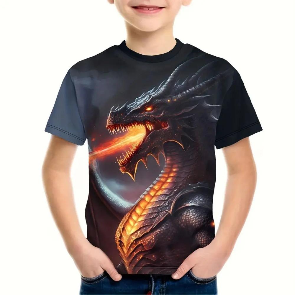 3D Dragon Pattern Boys' T-shirt Children's Round Neck Short Sleeve Cartoon Animal Top T-shirt