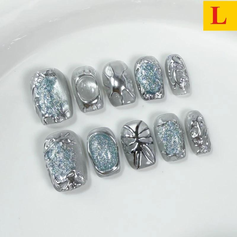 10Pcs Cat Eye False Nails Short Square Handmade Fake Nails Irregular Metal Press on Nails Silver Glitter Design Sweet Cool Girls