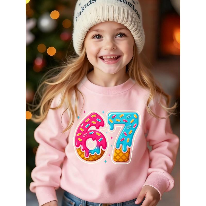 Unisex Kids Black Crewneck Sweatshirt For 4-12 Boys Girls Donut Ice Cream Candy Sprinkles Number 67 Print Soft Fleece Long Sleeve Pullover