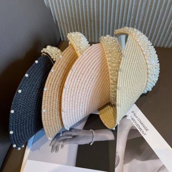 Women Beach Sun Hat Straw Visor Cap Beaded Pearl Casual Vacation Summer Sun Hat