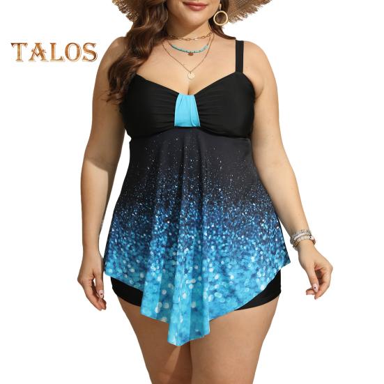 2Stk/Set Damen Badeanzug Gepolsterter Träger Unregelmäßiger Fließender Saum Oberteile Bauchkontrolle Badehosen Set Übergröße Bademode