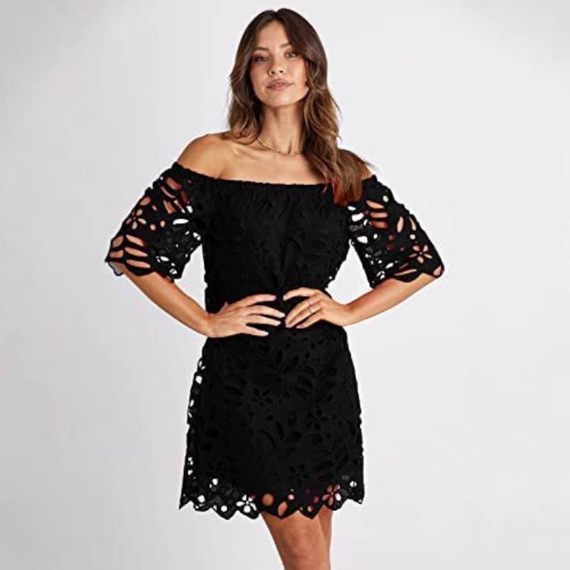 Mini Abito Estivo da Donna Scollo Bardot con Pizzo Floreale a Occhiolino Scollato Manica Corta Casual per Spiaggia Vacanza Festa