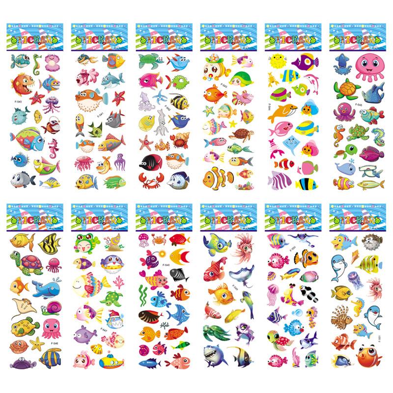 12 Sheets/Pack Kids Stickers Toy Creative Cute Seabed Animals Fishes PVC Sticker for DIY Scrapbooking Diary Phone Stickers