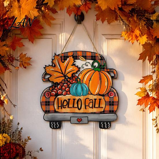 Orange Maple Leaf Ornament Hello Fall Wooden Hanging Sign, Retro Plaid Pickup Truck Ornaments, Wall Pendant Autumn Door Sign with Pumpkin And