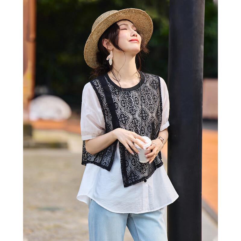 TERRE BLEUE Women s Faux Two-Piece Short Sleeve Shirt L чёрный