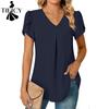 Women's Fashion Casual Summer Solid Color Print Short Sleeve V-Neck Blouses & Shirts