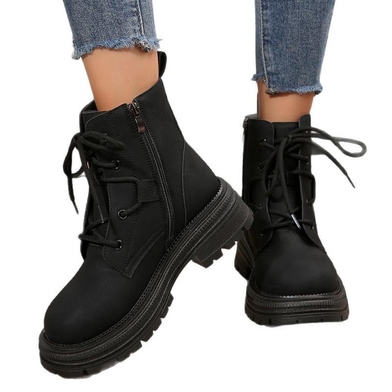 Europäischer, amerikanischer britischer Stil dicke Sohle Schnürung Martin Stiefel Damen erhöhte große Größe kurze Lederstiefel