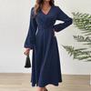 Spring and Summer Fashion V-Neck Lantern Long Sleeved Dress with Twisted Edges, Elegant Mid Length Dress