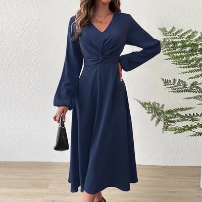 Frühlings- und Sommer-Mode V-Ausschnitt Laternenärmel Langes Kleid mit verdrehten Kanten, Elegantes knielanges Kleid