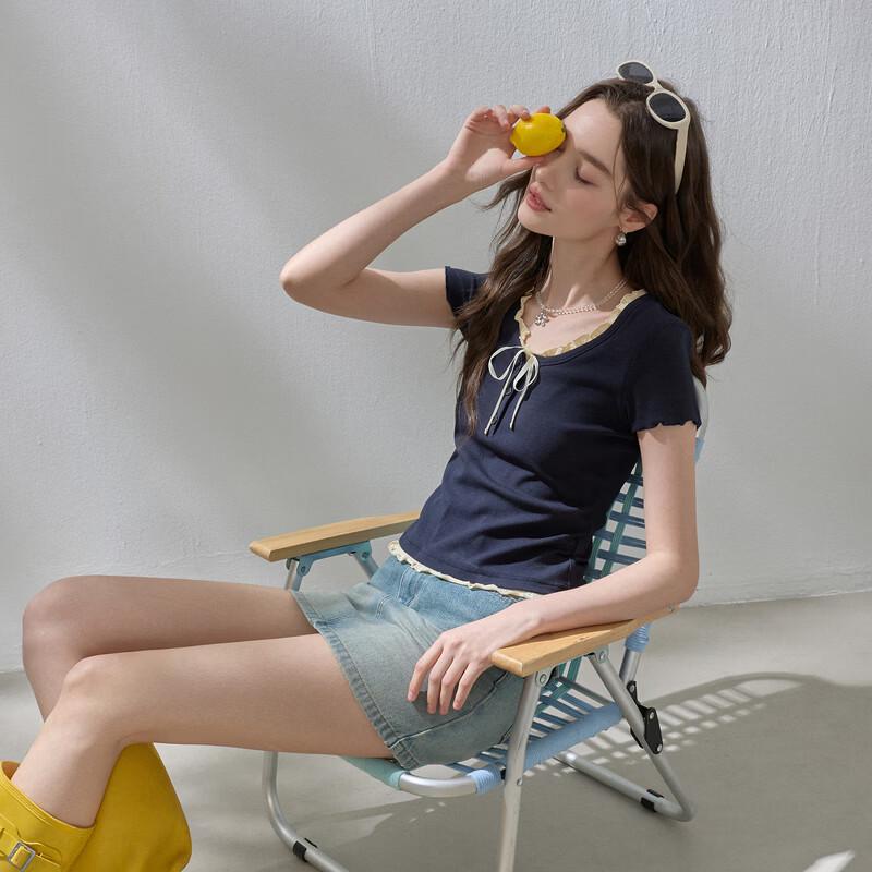 Sancai 2026 Summer Ruffle Trim Tie-Waist Layered Short Sleeve T-Shirt