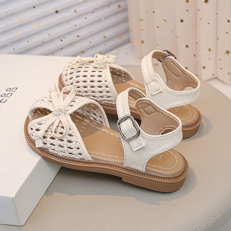 Girls' 2026 Korean Style Bow Knot Closed Toe Sandals - Soft Sole Woven Princess Shoes for Little Girls