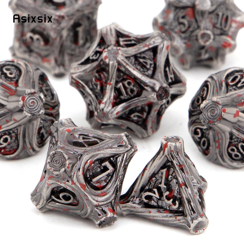 7 Pcs Silver Red Tree Stump Root Metal Dice Solid Metal Polyhedral Dice Set Suitable for Role-Playing RPG Board Game Card Game