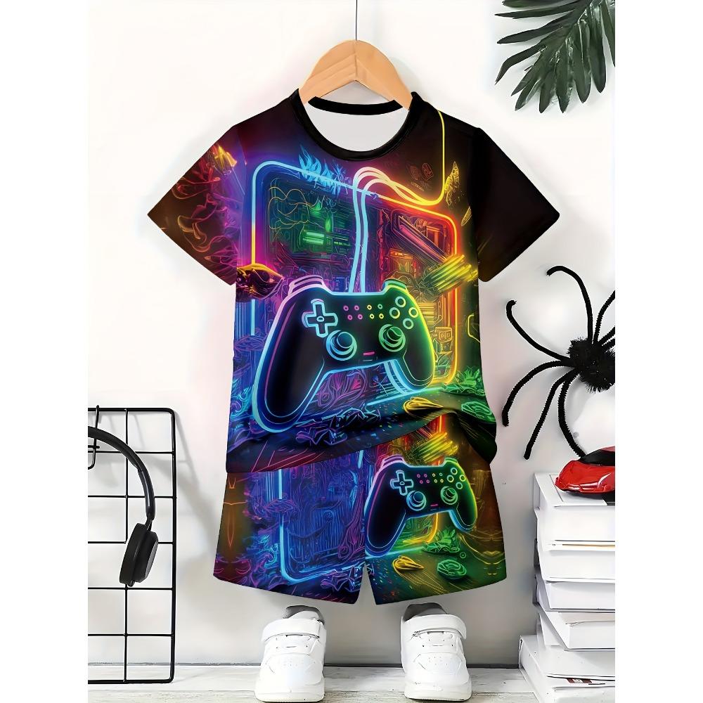 

Повседневная одежда для мальчиков с ярким неоновым игровым контроллером, напечатанная на 3D-принтере - комплект из футболки с коротким рукавом и шорт 140 cm