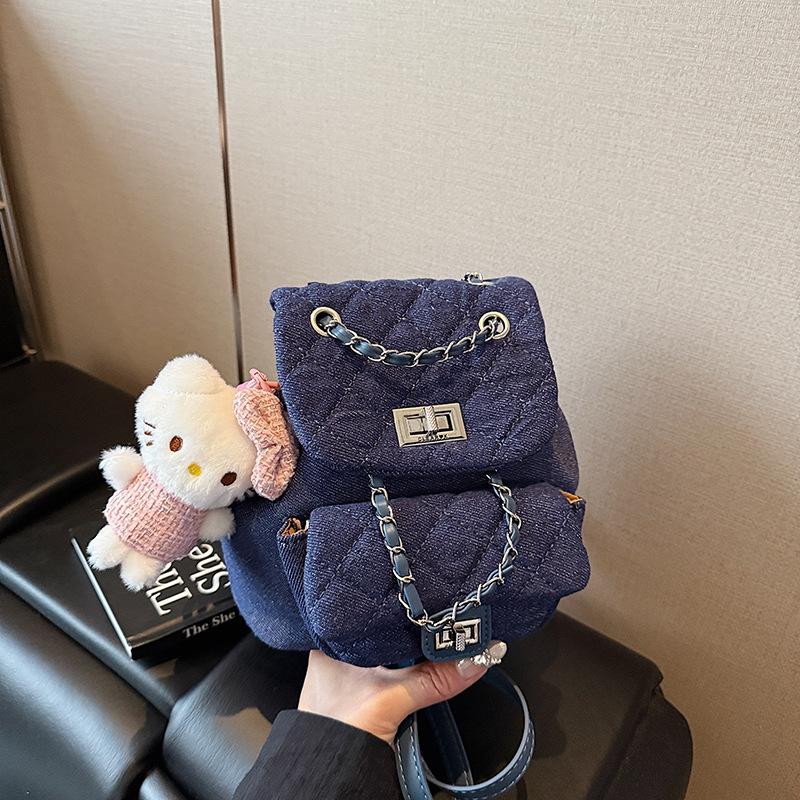 Denim rhombus backpack women's summer new fashion chain small bucket bag