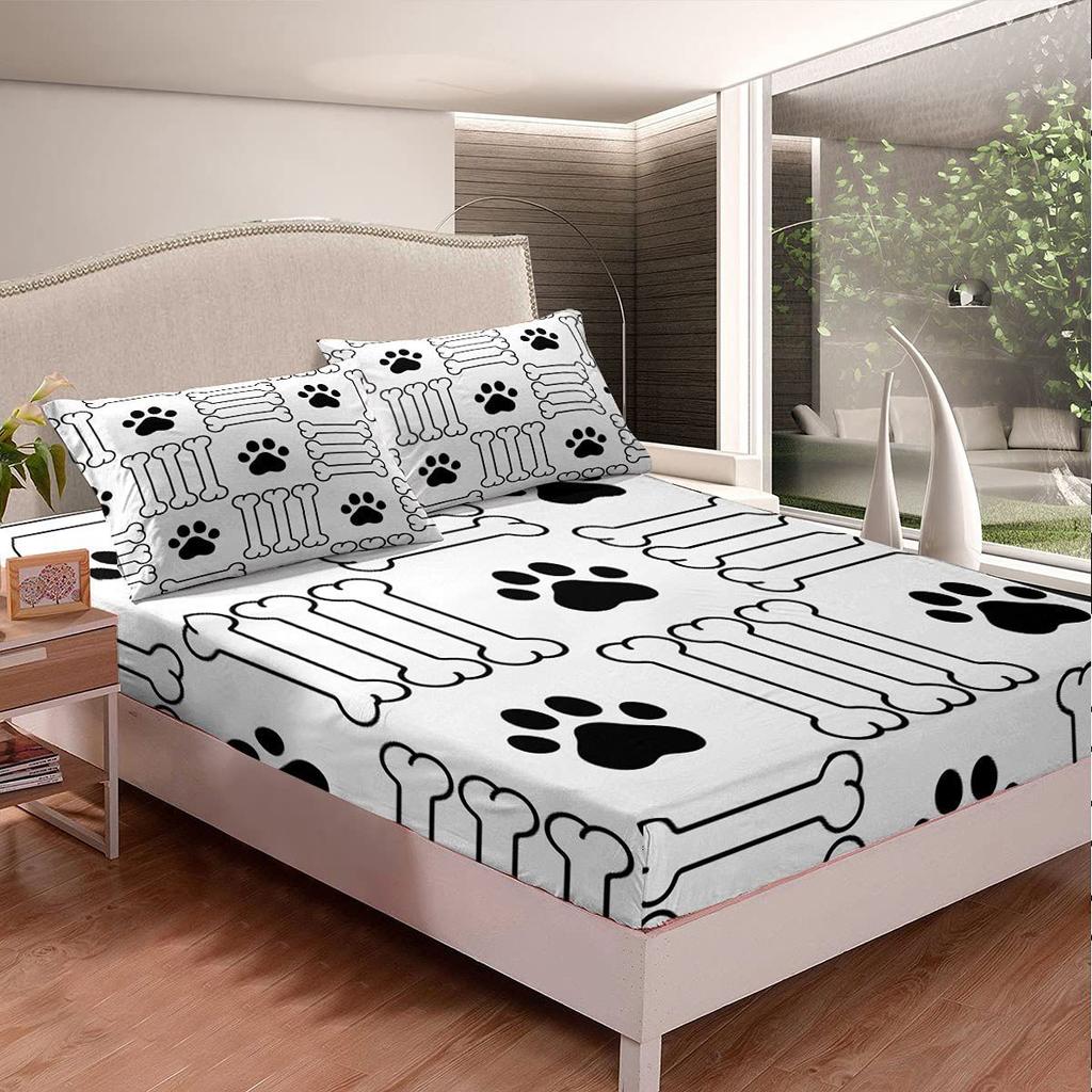Dog Footprint Bone Pattern Bed Hat Four-piece Bedding Set Bedroom Dormitory Bedding Decoration