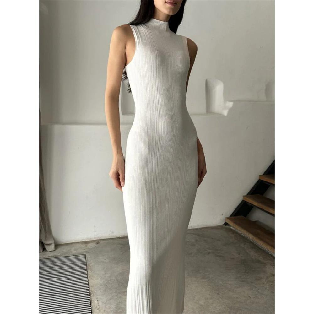 

Без рукавов трикотаж водолазка длинное платье женское тонкое элегантное модное ребристое трикотажное платье для женщин макси платье L белый