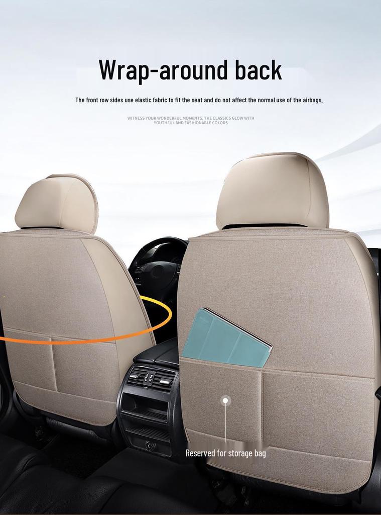 Universal Cotton & Linen Car Seat Covers, Four Seasons Fully Wrapped Five-Seater Cushions for Small Cars