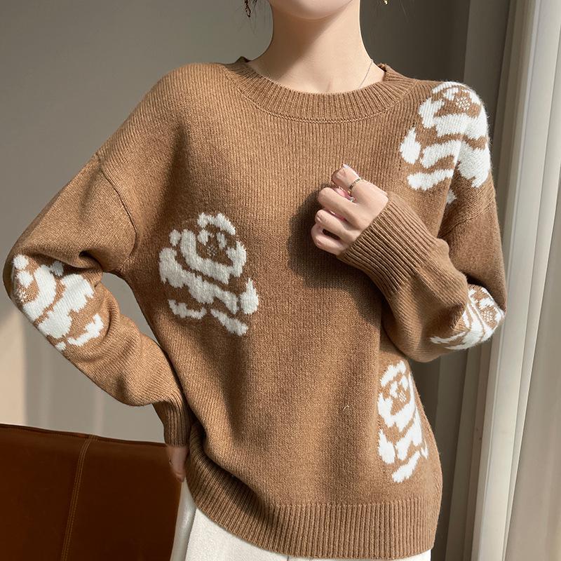 

Женский шерстяной свитер большого размера в стиле ретро с камелией - Омолаживающий толстый трикотаж с круглым вырезом, свободного кроя Extra Large верблюд