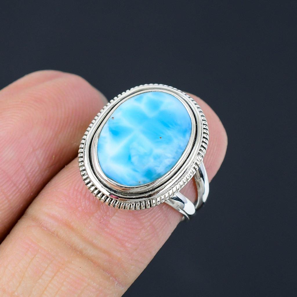 Natural Larimar Gemstone 925 Sterling Silver Split Shank Statement Ring For Women & Girls
