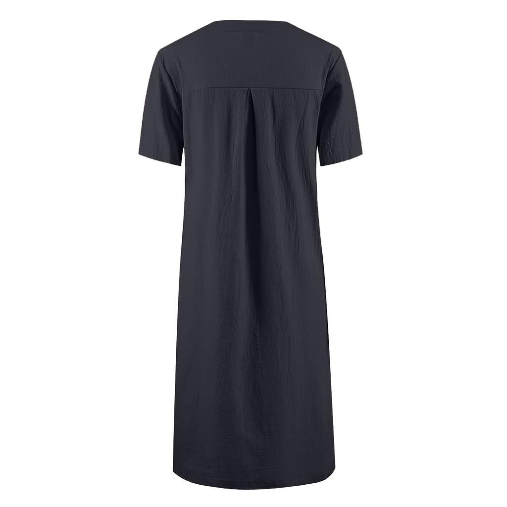 Women's Cotton And Linen Round Neck Short Sleeve Color Stitching Dress