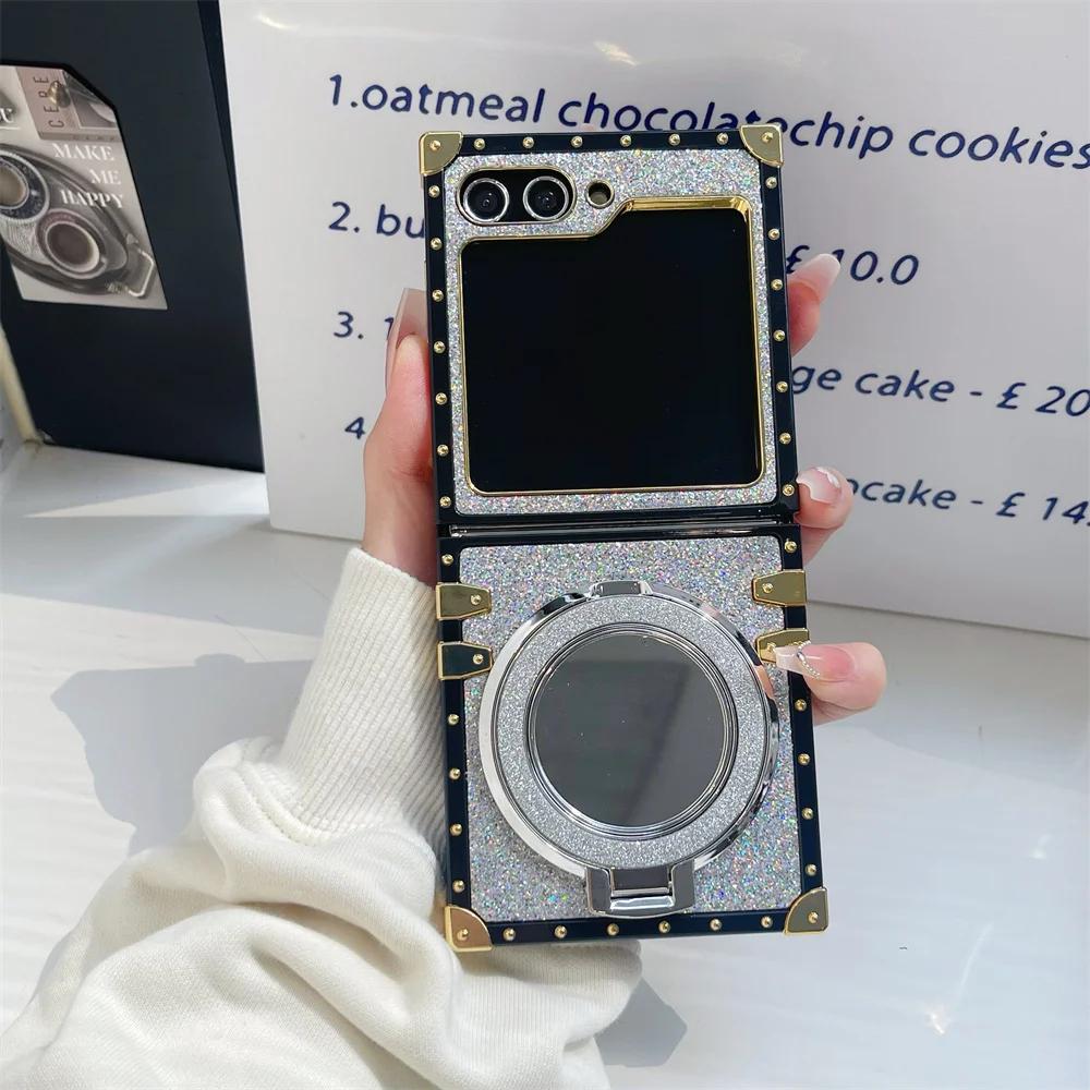 Verchromung Bling Glitzer Niedlich Mädchenhaft Handyhülle mit Spiegel Magnetischer Halter Für Samsung Galaxy Z Flip 6 5 4 3 5G Rückseite