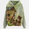 Women Fashion  Cat Print Long Sleeves Hoodie Tops Blouse Sweater