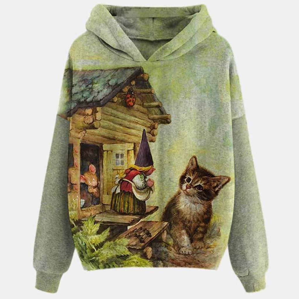 Women Fashion  Cat Print Long Sleeves Hoodie Tops Blouse Sweater