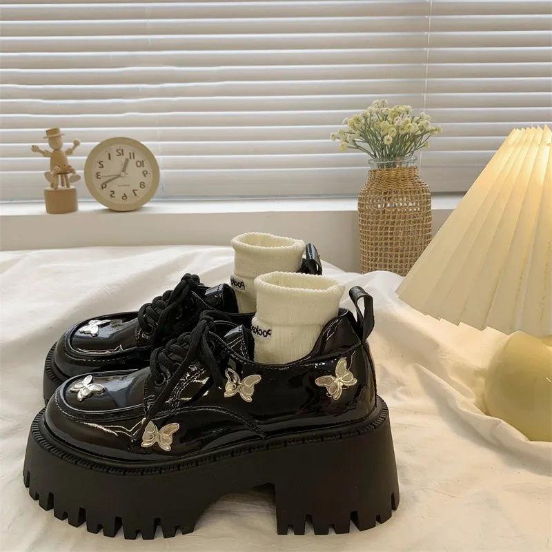 Fashion Women's Butterfly Patent Leathe Single Shoes College Style Comfortable Increased Student Lolita Gothic Shoes Japan Uniform Shoes