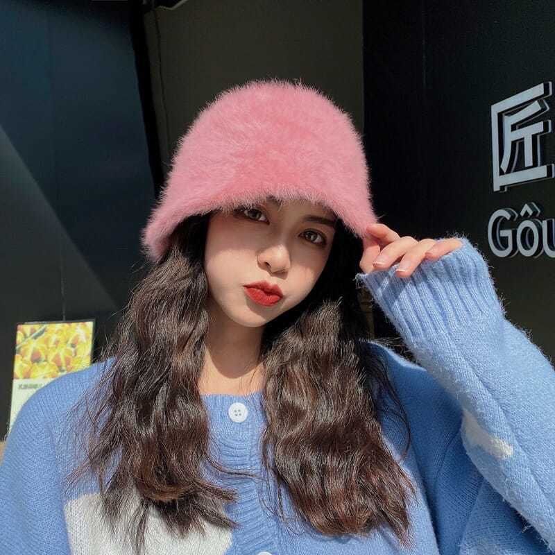 

Новая модная панама из искусственного кроличьего меха, женская осенне-зимняя теплая утолщенная рыбацкая шляпа, панама, плюшевая шляпа для бассейна, женская кепка розовый