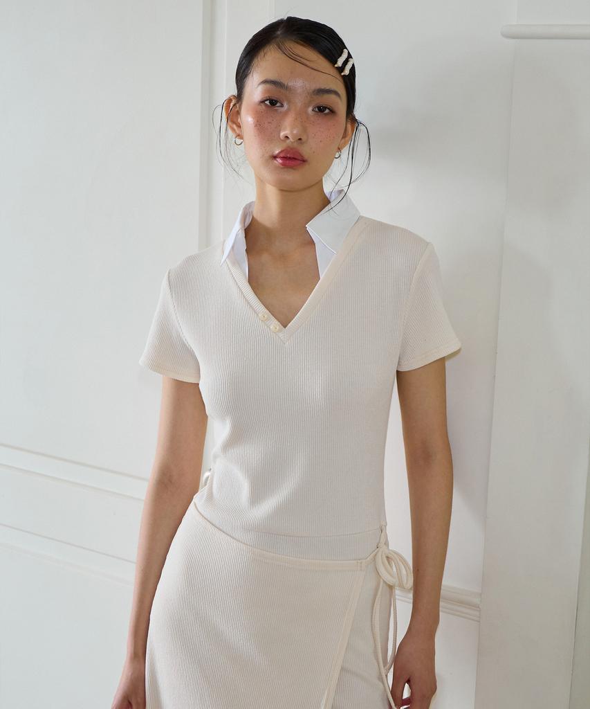 SALON DE YOHN Shirt Detail Long Wrap Dress_ Ivory