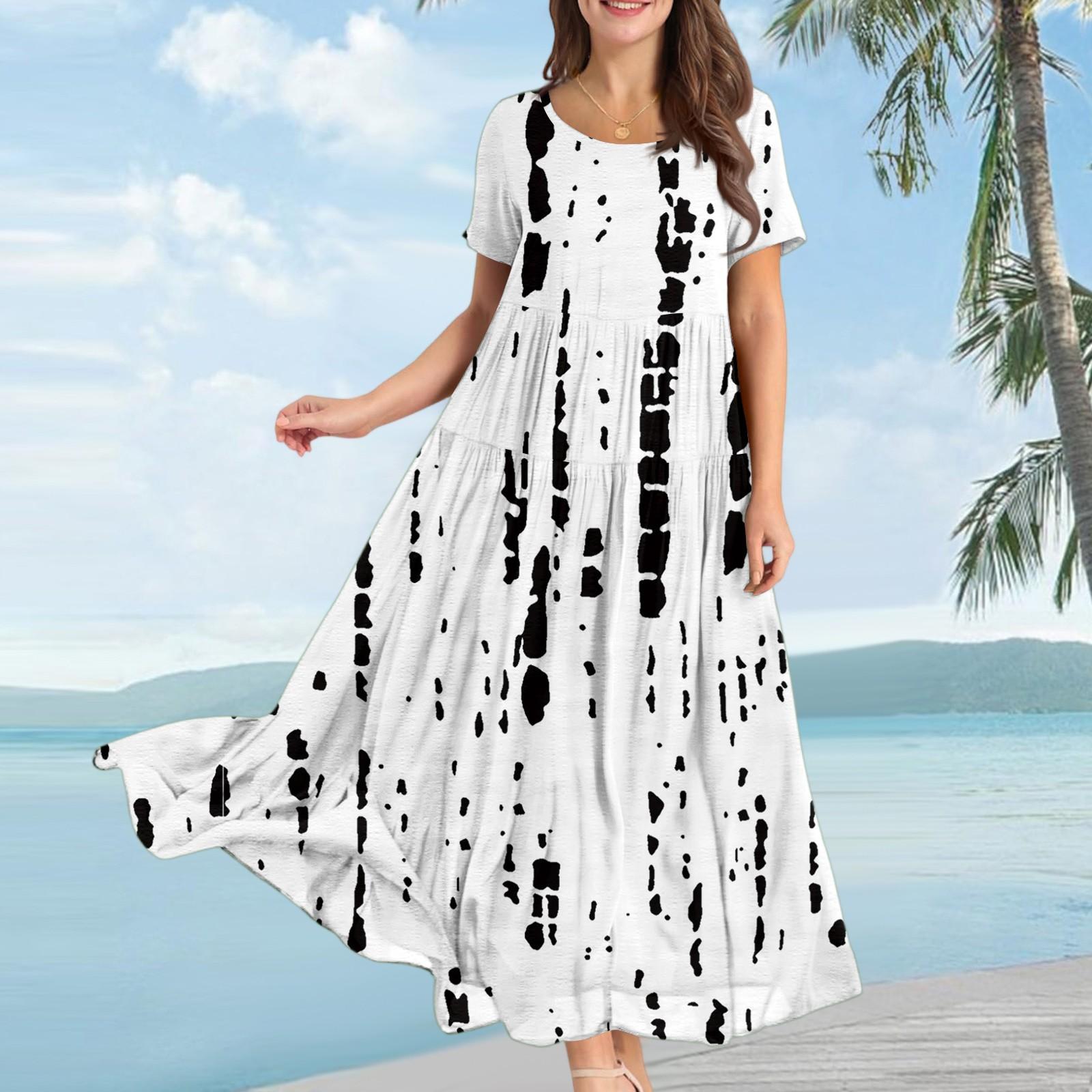 

Жіноча повсякденна вільна богемна квіткова сукня з коротким рукавом, довга літня пляжна гойдалка XL білий