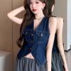 Hong Kong Retro Denim Vest Top - Women's Summer Sleeveless Slim Fit Cardigan