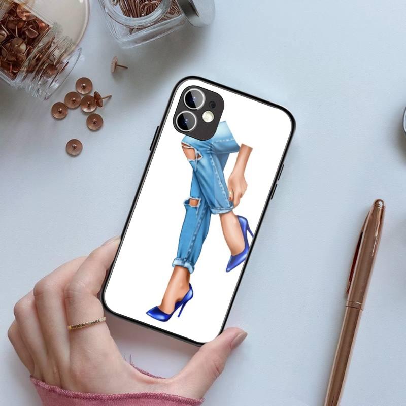 Fashion Girls High Heels Phone Case For IPhone 14 13 12 11 XS X 8 7 6 Plus Mini Pro Max SE 2022 Black PC TPU Glass Phone Cover