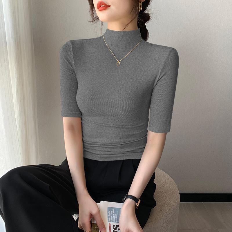Women's Half-High Collar Ribbed Shirt: Mid-Length Sleeves, High Elasticity, Perfect for Autumn/Winter.