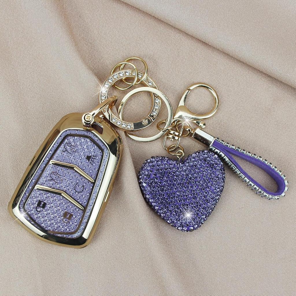 Compatible with Cadillac Key Fob Cover with Heart Keychain for Women, Compatible with 2015- Cadillac Escalade ESV ATS CTS STS SRX XT5 CT6 Smart
