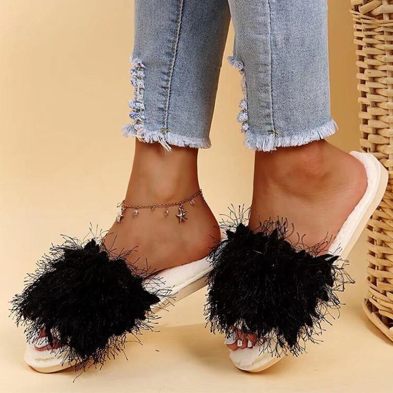 

Модные домашние хлопковые тапочки из искусственного меха для женщин 2025 Зима Слипоны Нескользящие Плюшевые тапочки для женщины Мягкие Шлепанцы на плоской подошве для дам 43 чёрный