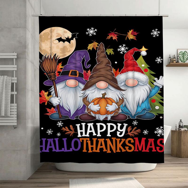 

Happy Hallothanksmas Shower Curtain, 3-In-1 Holiday Design With Gnomes For Halloween Thanksgiving Christmas Bathroom Decor W60H190(CM)-1 Pcs