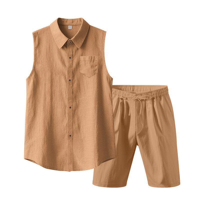 Loose Linen Sleeveless Collared Beach Shirt Casual Summer Fashion for Men Open Cardigan Style Clothing