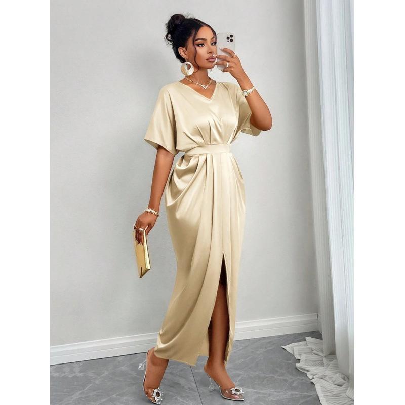 Women's early autumn new satin dress European and American ball dress satin waist dress