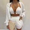 Summer Beach 3pcs Set Outfits Women Fashion Sexy Cardigan Blouse Tops + Shorts Set Lady Casual Lanter Sleeve Loose Short Pants Suits Leaf Print Sets