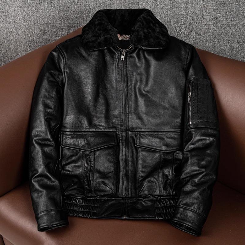 Genuine Leather Jacket Men Real Cowhide Faux Fur Lined Bomber Coat Winter Warm Flight Jacket Plus Size