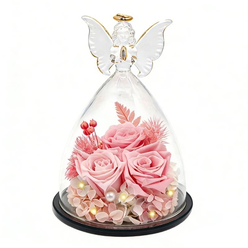 

Festival Angel Glass Dome Containing Preserved Rose Accessory for Christmas Valentines Decors and Home Beautiful Charm розовый