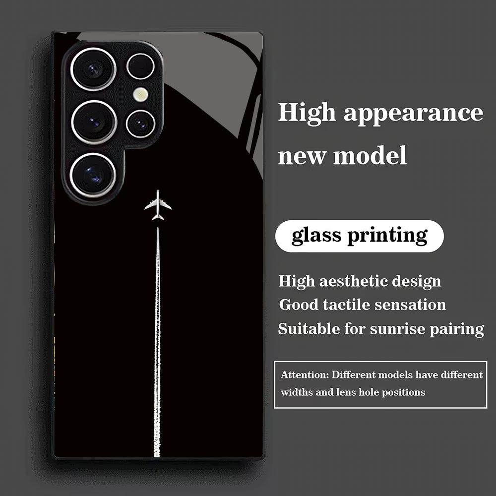 Minimalist Airplane Tempered Glass Phone Case Suitable for Samsung Galaxy S26 S25 S24 S23 S22 S20 FE/Ultra/Plus Anti Fall