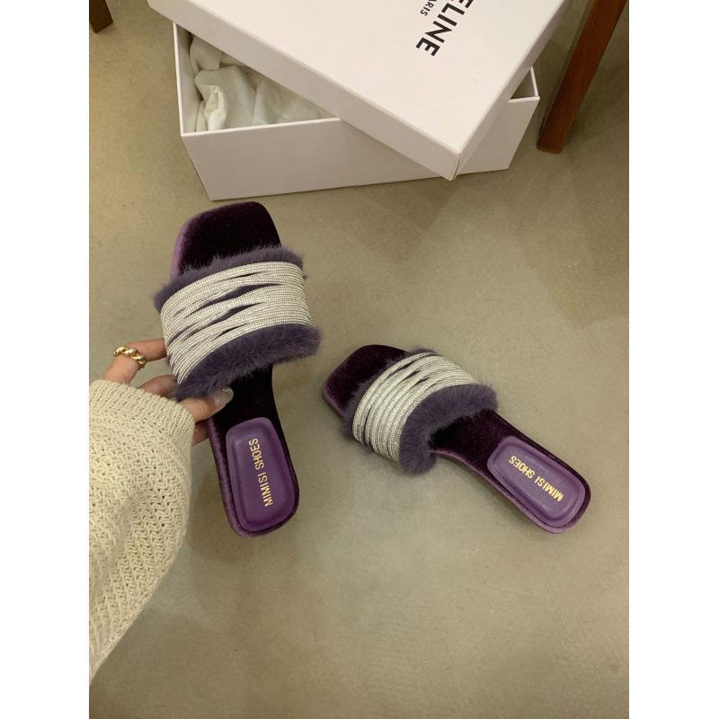 French Evening Breeze Letter One Word Rhinestone Fluffy Slippers Women's Wear 2025 Spring and Autumn New Fluffy Low Heel Sandals